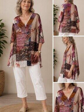 Ulla Popken Asian Patchwork Print Wearable Art Tunic Top